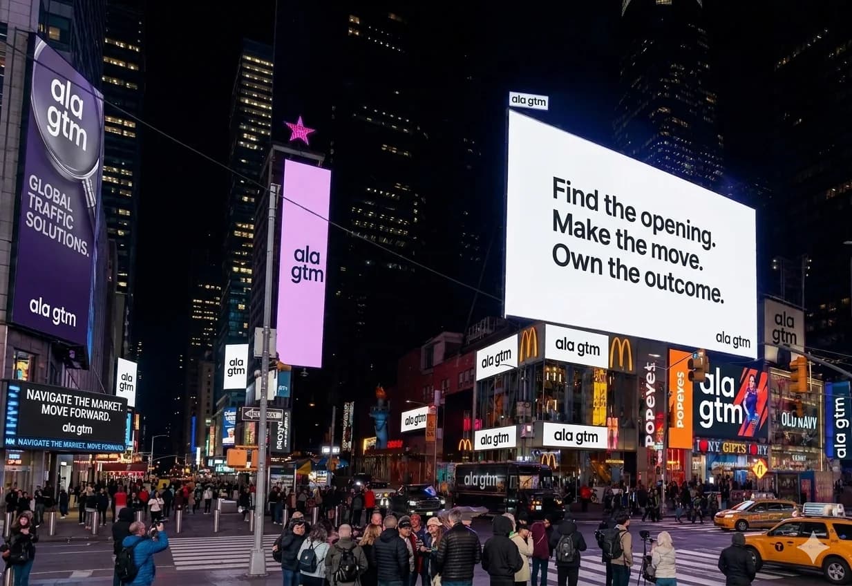 Ala GTM campaign displayed across illuminated billboards in a busy city at night