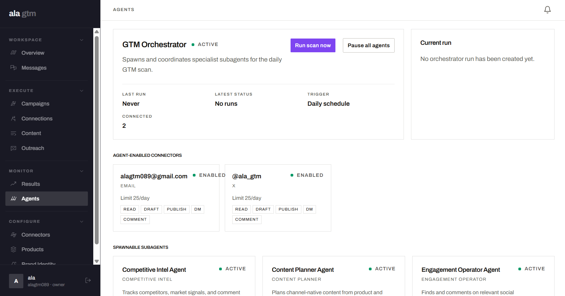 Ala GTM orchestrator with specialist subagents, agent-enabled connectors, and controls