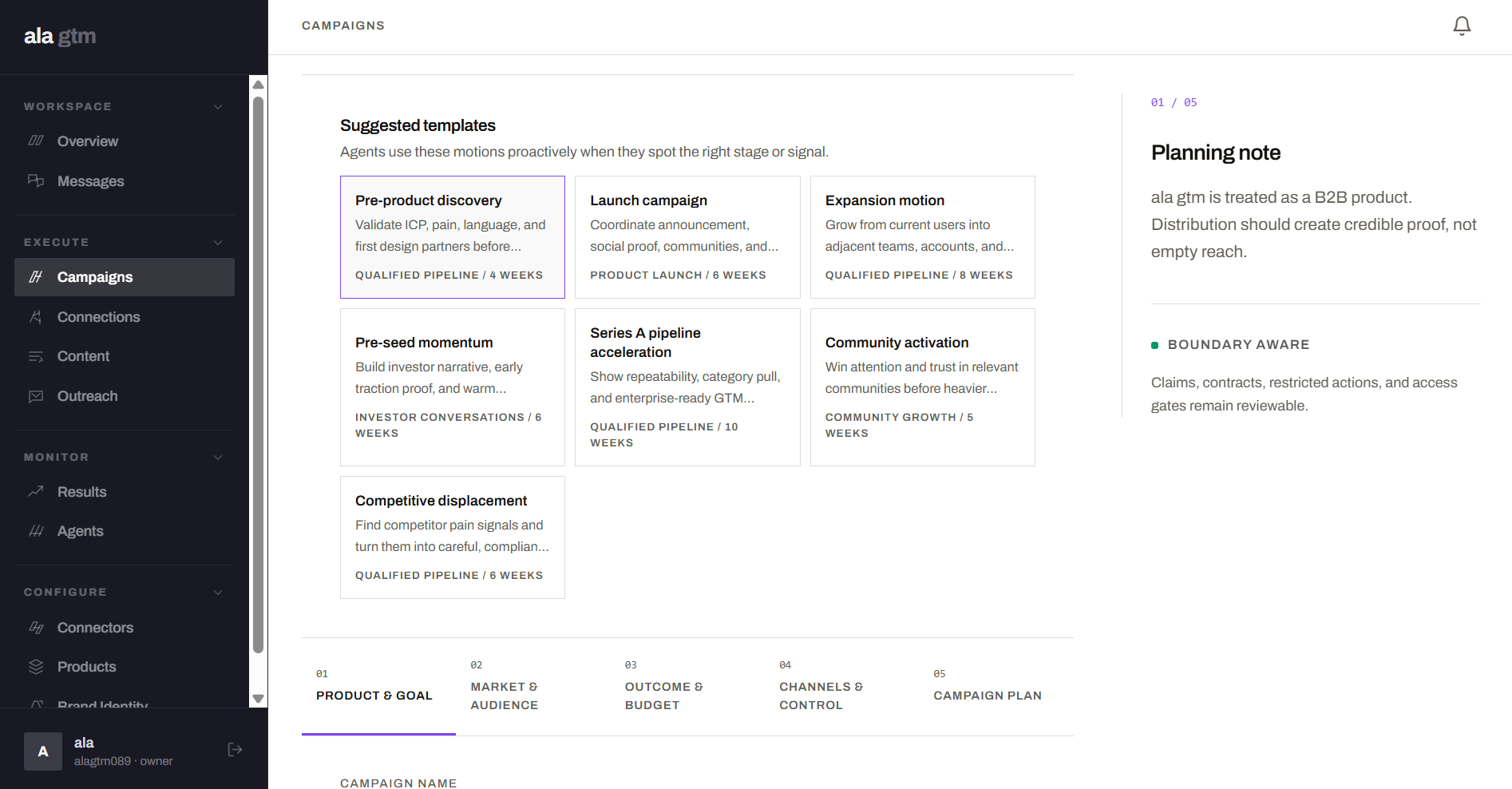 Ala campaigns workspace with proactive playbook templates and a planning note